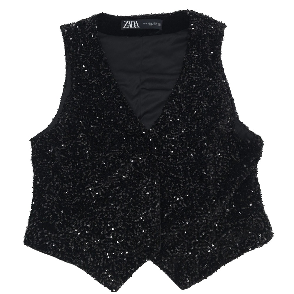 Zara Women's Sequin Fitted Black Vest Size Medium